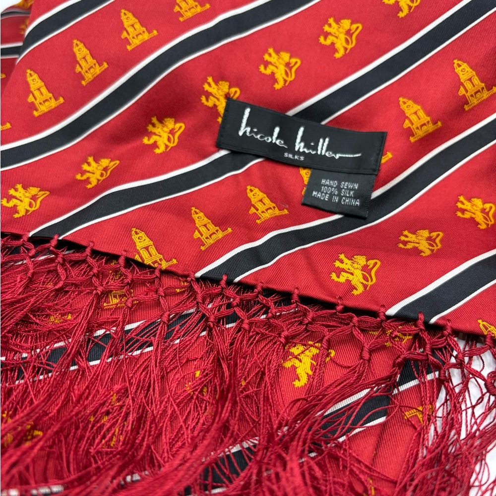 VTG long red silk scarf by Nicole Miller, hand sewn with fringe, 60 by 10.5 in